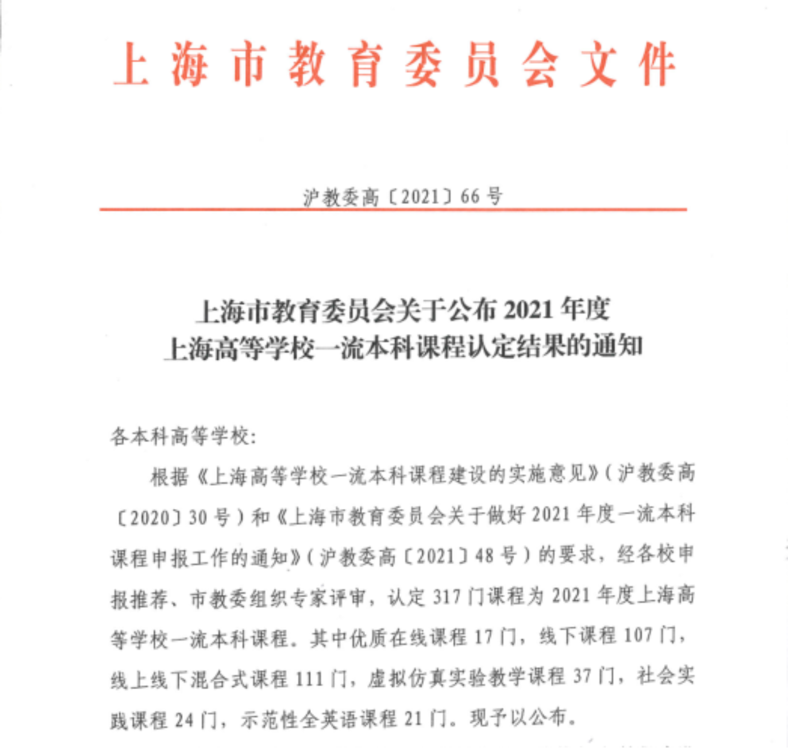 图1. 《上海市教育委员会关于公布 2021 年度上海高等学校一流本科课程认定结果的通知》（沪教委高〔2021〕66 号）